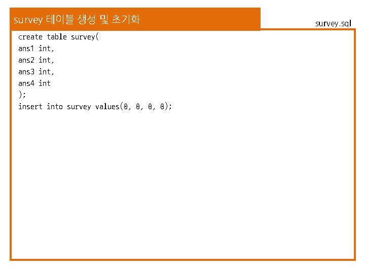 survey 테이블 생성 및 초기화 create table survey( ans 1 int, ans 2 int,