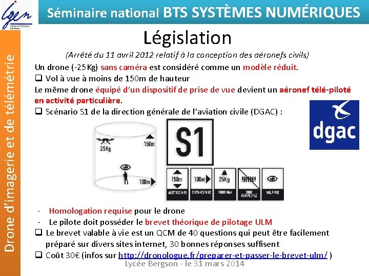 Séminaire national BTS SYSTÈMES NUMÉRIQUES Drone d’imagerie et de télémétrie Législation (Arrêté du 11
