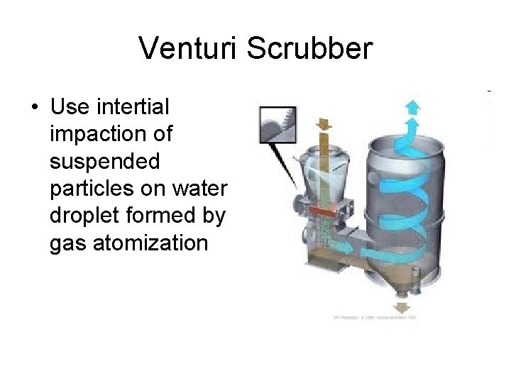 Venturi Scrubber • Use intertial impaction of suspended particles on water droplet formed by