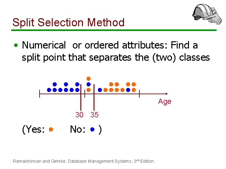 Split Selection Method • Numerical or ordered attributes: Find a split point that separates Split Selection Method • Numerical or ordered attributes: Find a split point that separates