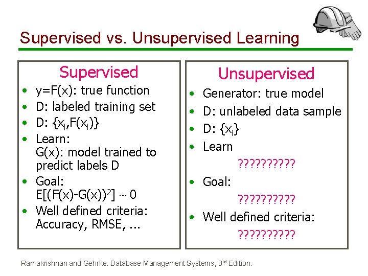 Supervised vs. Unsupervised Learning Supervised • • y=F(x): true function D: labeled training set Supervised vs. Unsupervised Learning Supervised • • y=F(x): true function D: labeled training set