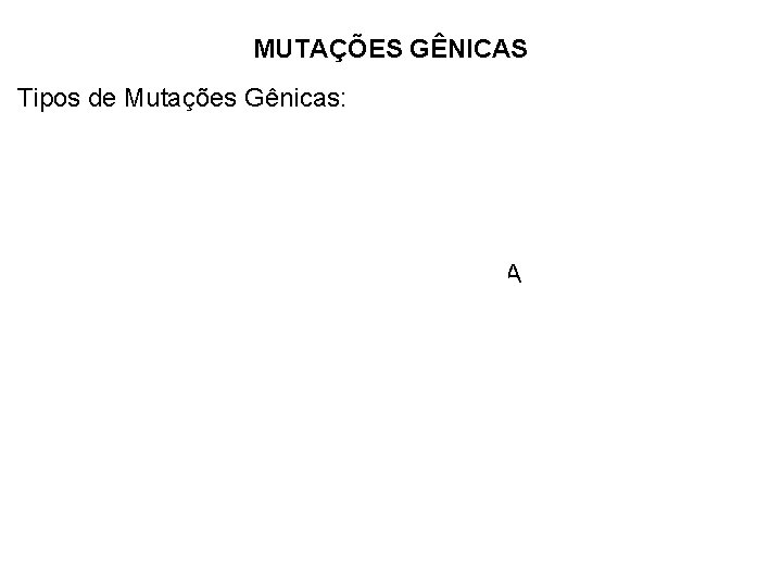 MUTAÇÕES GÊNICAS Tipos de Mutações Gênicas: 1 – Substituição de base ATT CGA TAT