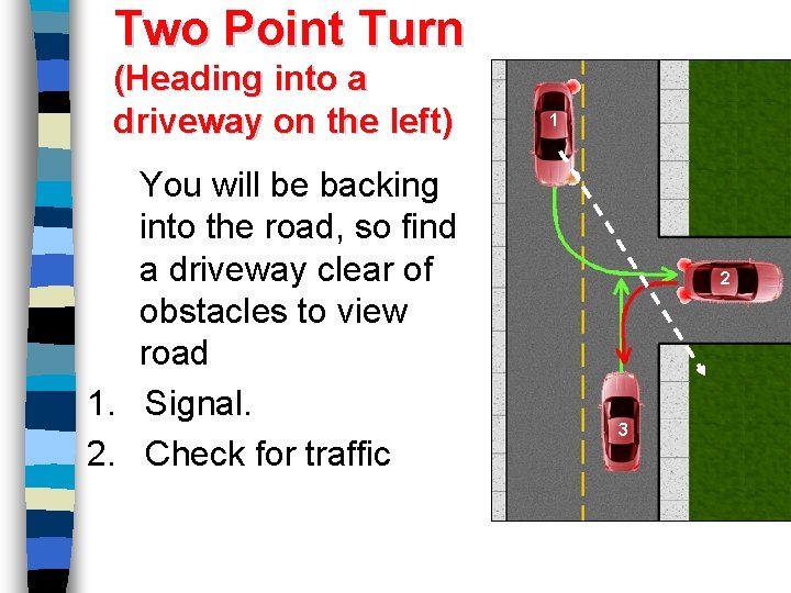 Two Point Turn (Heading into a driveway on the left) You will be backing