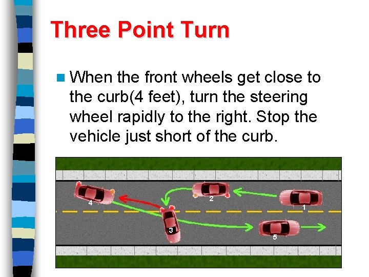 Three Point Turn n When the front wheels get close to the curb(4 feet),