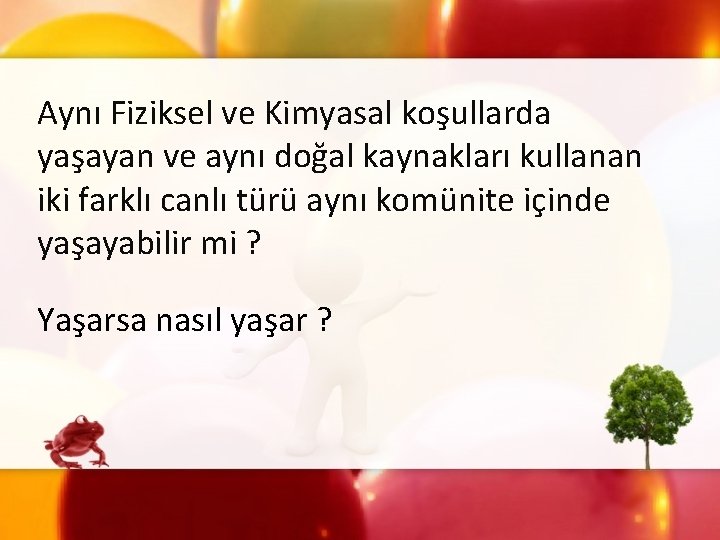 Aynı Fiziksel ve Kimyasal koşullarda yaşayan ve aynı doğal kaynakları kullanan iki farklı canlı