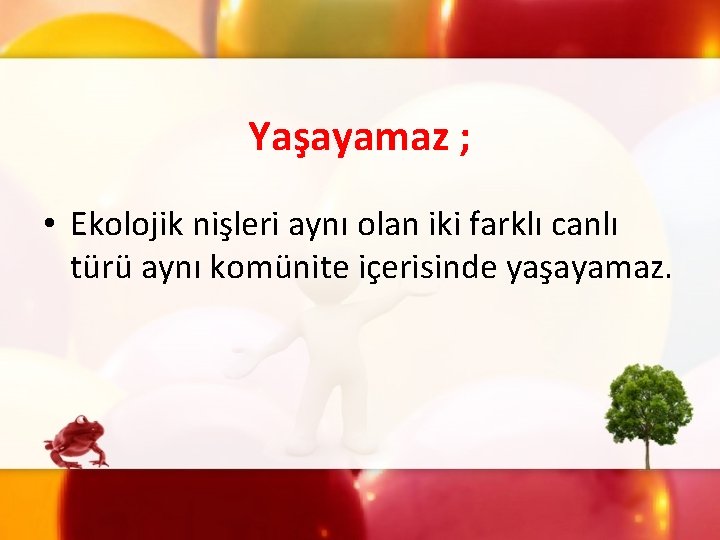 Yaşayamaz ; • Ekolojik nişleri aynı olan iki farklı canlı türü aynı komünite içerisinde