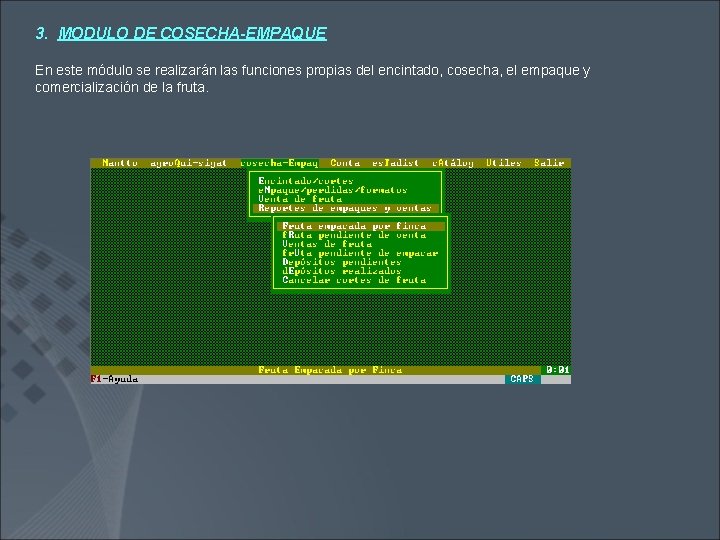 3. MODULO DE COSECHA-EMPAQUE En este módulo se realizarán las funciones propias del encintado,