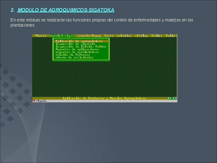 2. MODULO DE AGROQUIMICOS-SIGATOKA En este módulo se realizarán las funciones propias del control