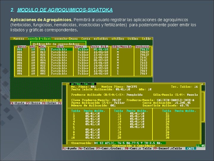 2. MODULO DE AGROQUIMICOS-SIGATOKA Aplicaciones de Agroquímicos. Permitirá al usuario registrar las aplicaciones de