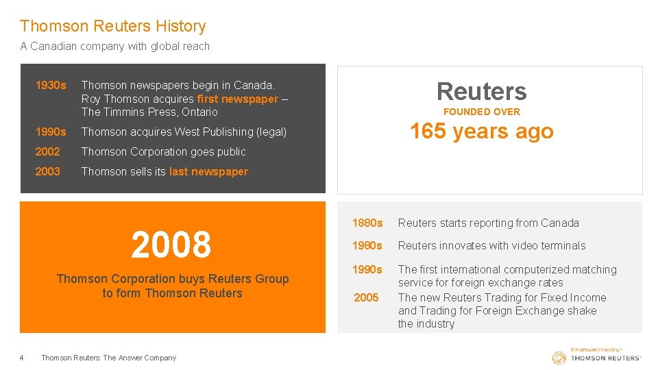 Thomson Reuters History A Canadian company with global reach 1930 s 1990 s Thomson