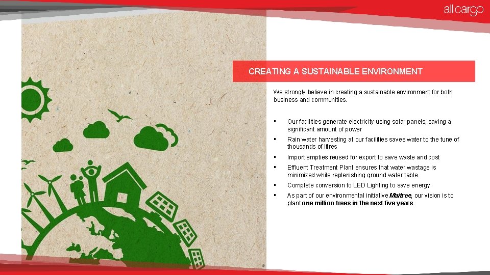 CREATING A SUSTAINABLE ENVIRONMENT We strongly believe in creating a sustainable environment for both