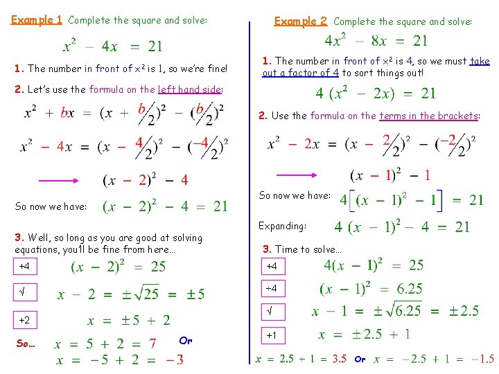 Example 1 Complete the square and solve: 1. The number in front of x