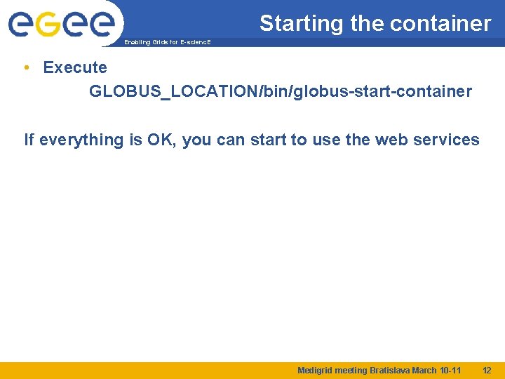 Starting the container Enabling Grids for E-scienc. E • Execute GLOBUS_LOCATION/bin/globus-start-container If everything is