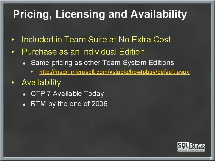 Pricing, Licensing and Availability • Included in Team Suite at No Extra Cost •