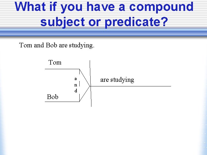 What if you have a compound subject or predicate? Tom and Bob are studying.