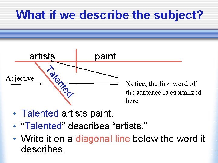 What if we describe the subject? artists te len Ta Adjective paint d Notice,