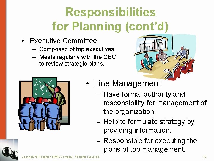 Responsibilities for Planning (cont’d) • Executive Committee – Composed of top executives. – Meets