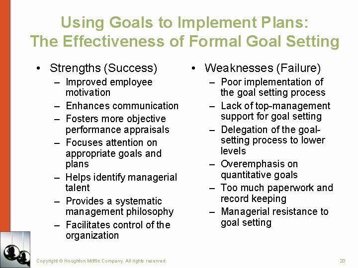 Using Goals to Implement Plans: The Effectiveness of Formal Goal Setting • Strengths (Success)