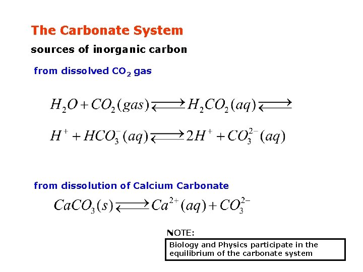 The Carbonate System sources of inorganic carbon from dissolved CO 2 gas from dissolution