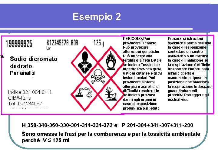 Esempio 2 Sodio dicromato diidrato Per analisi Indice 024 -004 -01 -4 CIBA-Italia Tel