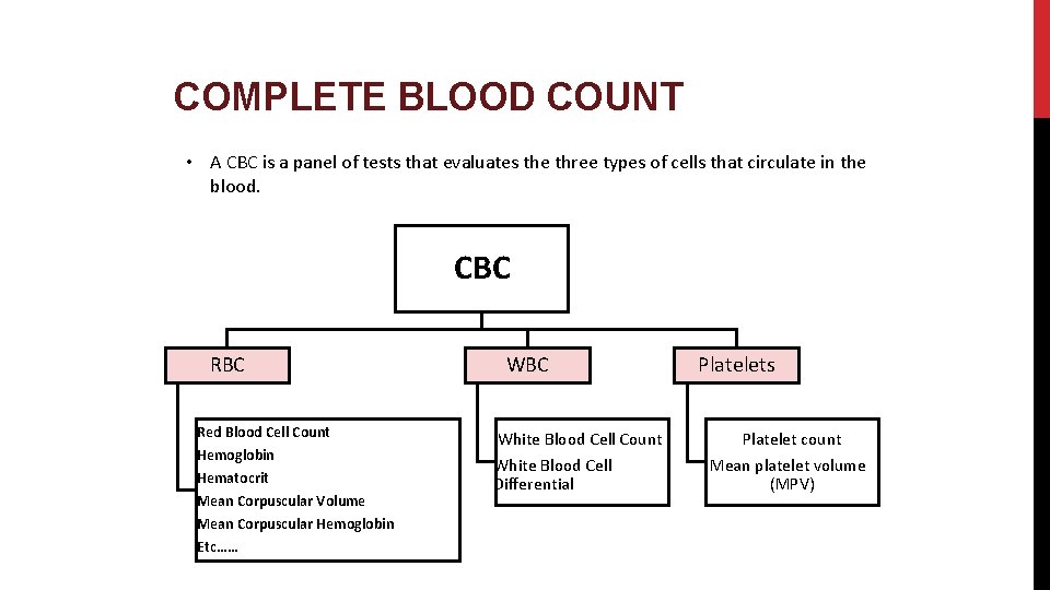 COMPLETE BLOOD COUNT • A CBC is a panel of tests that evaluates the