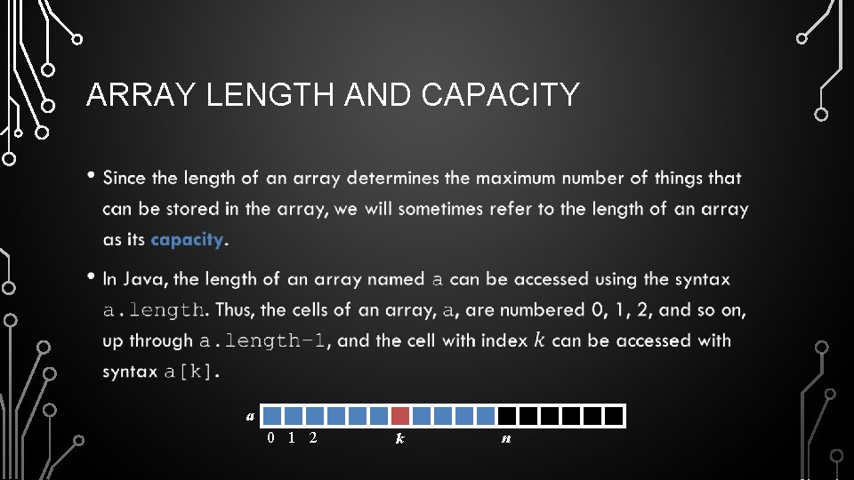 ARRAY LENGTH AND CAPACITY • a 0 1 2 k n 