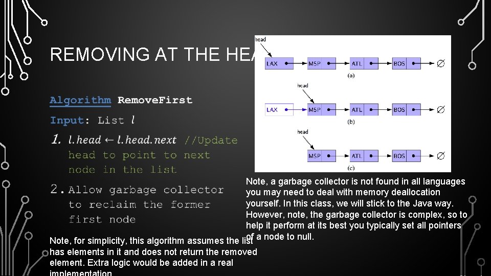 REMOVING AT THE HEAD • Note, a garbage collector is not found in all