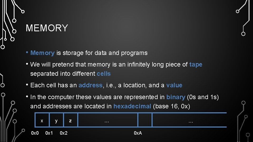 MEMORY • Memory is storage for data and programs • We will pretend that