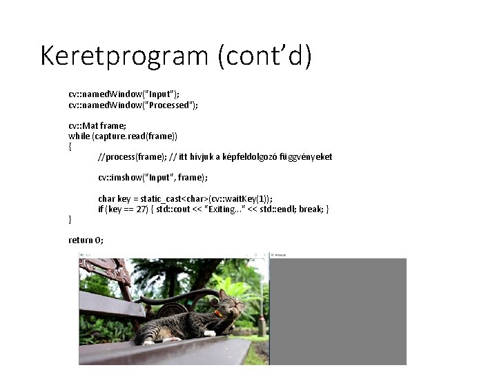 Keretprogram (cont’d) cv: : named. Window("Input"); cv: : named. Window("Processed"); cv: : Mat frame;