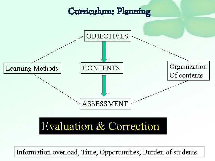 Curriculum: Planning OBJECTIVES Learning Methods CONTENTS Organization Of contents ASSESSMENT Evaluation & Correction Information