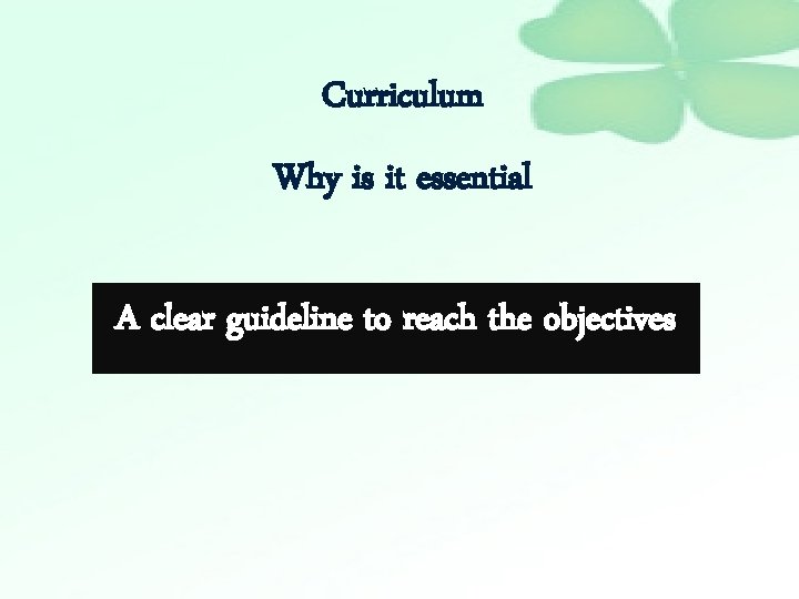 Curriculum Why is it essential A clear guideline to reach the objectives 