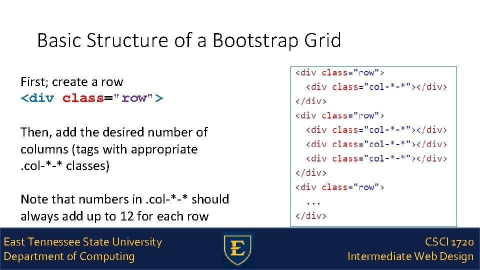 Basic Structure of a Bootstrap Grid First; create a row <div class="row"> Then, add