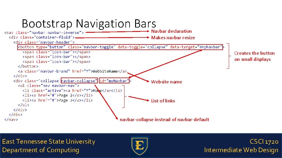 Bootstrap Navigation Bars. Navbar declaration Makes navbar resize Creates the button on small displays