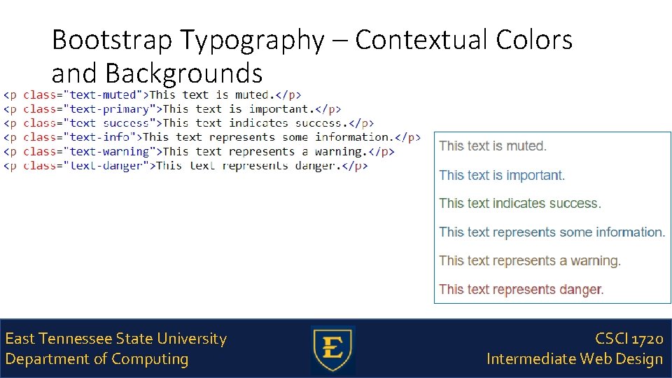 Bootstrap Typography – Contextual Colors and Backgrounds East Tennessee State University Department of Computing