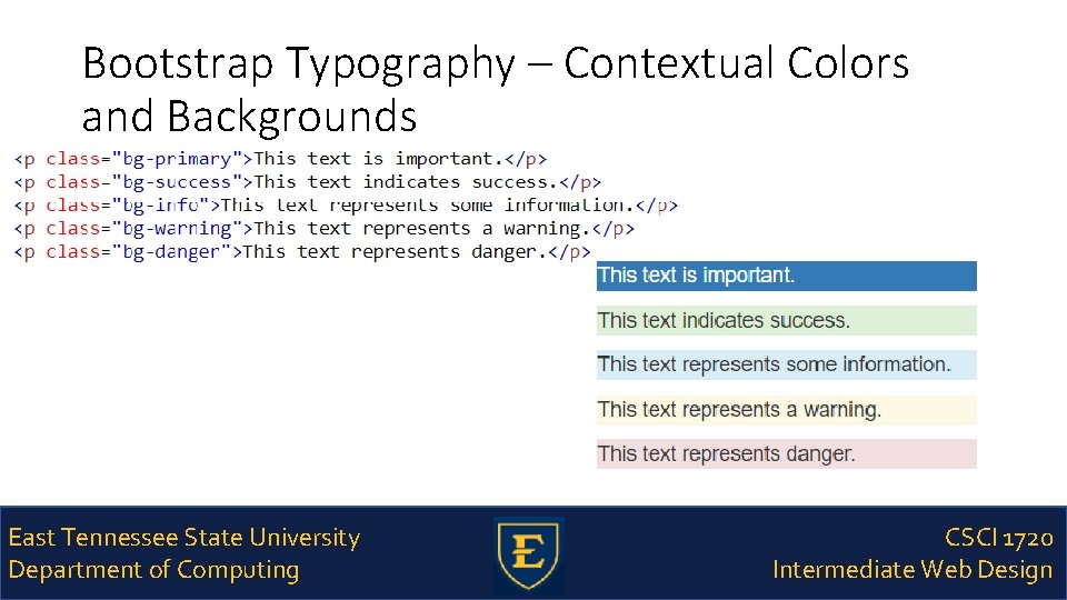 Bootstrap Typography – Contextual Colors and Backgrounds East Tennessee State University Department of Computing