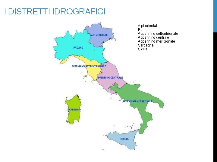 I DISTRETTI IDROGRAFICI Alpi orientali Po Appennino settentrionale Appennino centrale Appennino meridionale Sardegna Sicilia