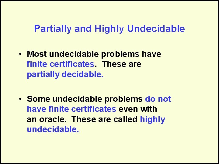 Partially and Highly Undecidable • Most undecidable problems have finite certificates. These are partially