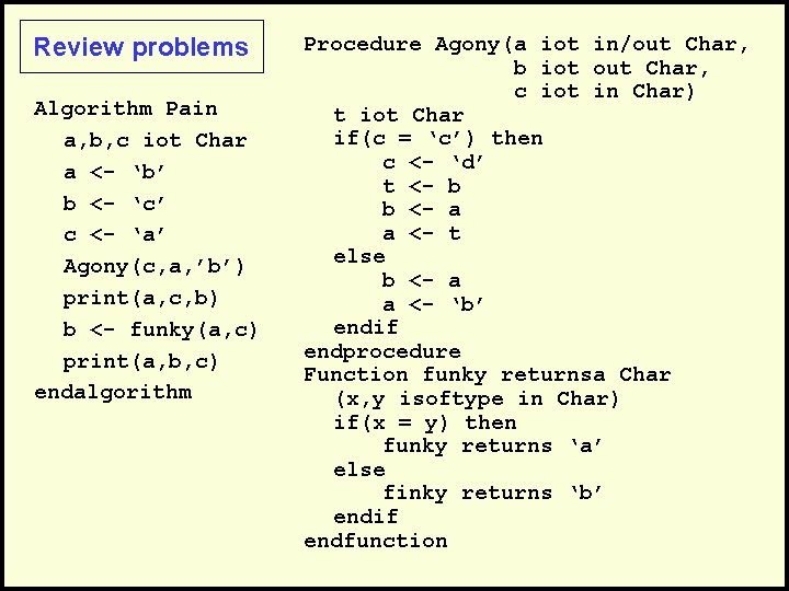 Review problems Algorithm Pain a, b, c iot Char a <- ‘b’ b <-