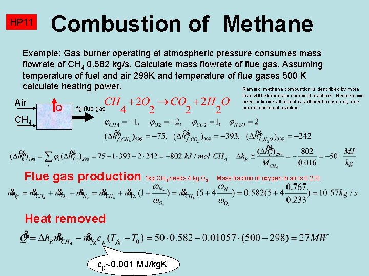 HP 11 Combustion of Methane Example: Gas burner operating at atmospheric pressure consumes mass