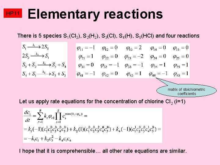 HP 11 Elementary reactions There is 5 species S 1(Cl 2), S 2(H 2),