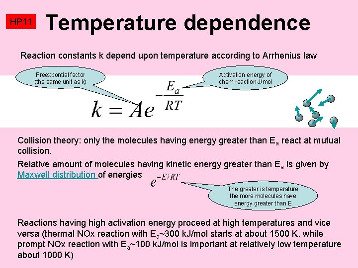 HP 11 Temperature dependence Reaction constants k depend upon temperature according to Arrhenius law
