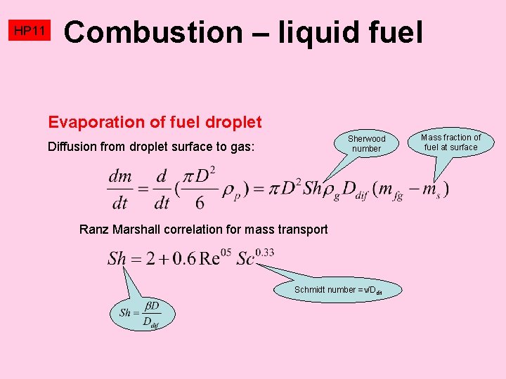 HP 11 Combustion – liquid fuel Evaporation of fuel droplet Sherwood number Diffusion from
