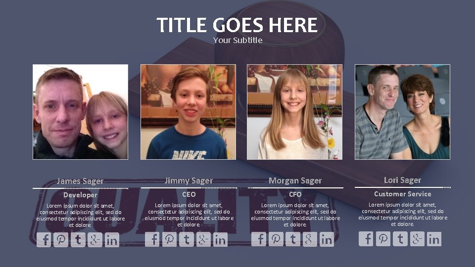 TITLE GOES HERE Your Subtitle James Sager Jimmy Sager Morgan Sager Lori Sager Developer