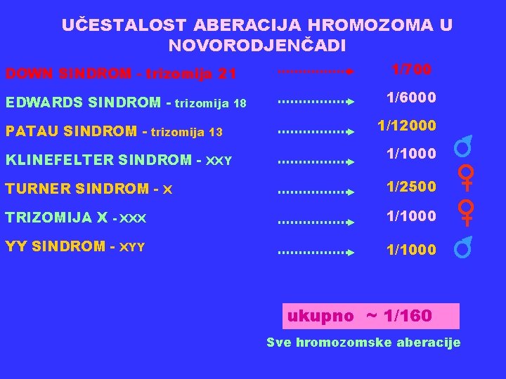 UČESTALOST ABERACIJA HROMOZOMA U NOVORODJENČADI DOWN SINDROM - trizomija 21 EDWARDS SINDROM - trizomija