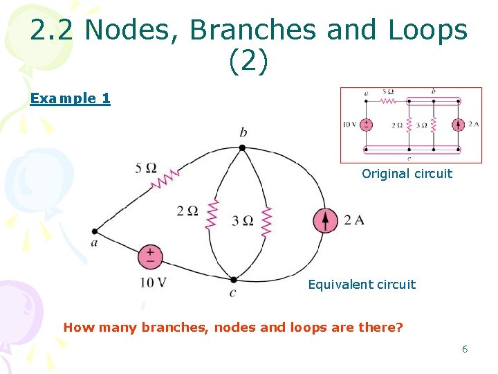 2. 2 Nodes, Branches and Loops (2) Example 1 Original circuit Equivalent circuit How