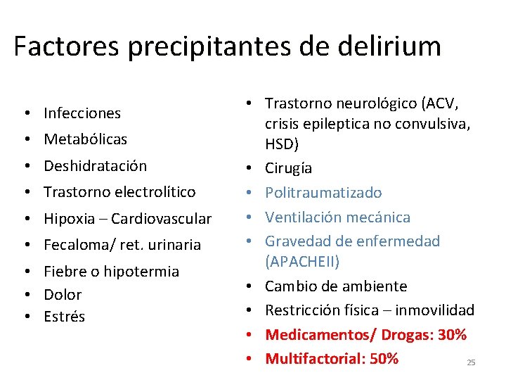 Factores precipitantes de delirium • Infecciones • Metabólicas • Deshidratación • Trastorno electrolítico •