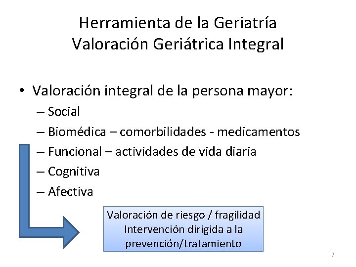 Herramienta de la Geriatría Valoración Geriátrica Integral • Valoración integral de la persona mayor: