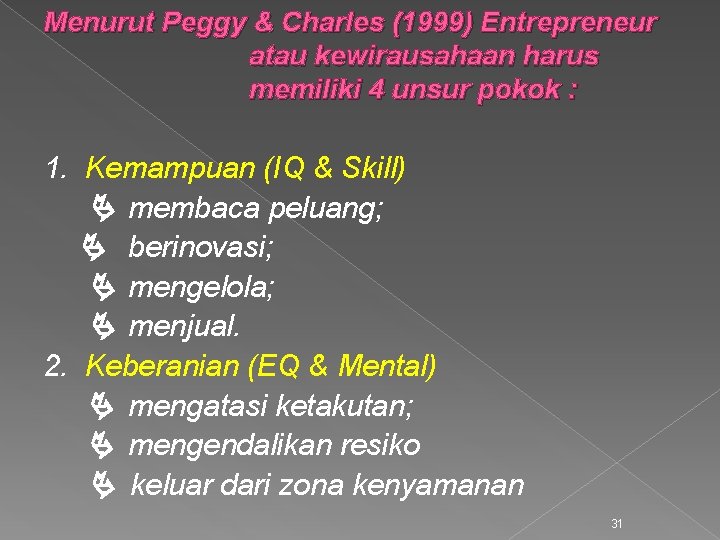 Menurut Peggy & Charles (1999) Entrepreneur atau kewirausahaan harus memiliki 4 unsur pokok :