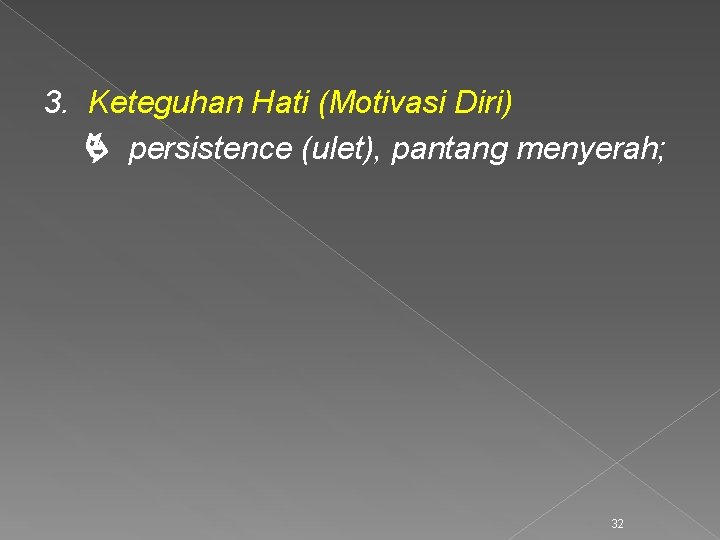 3. Keteguhan Hati (Motivasi Diri) persistence (ulet), pantang menyerah; 32 