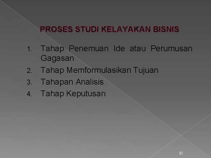 PROSES STUDI KELAYAKAN BISNIS 1. 2. 3. 4. Tahap Penemuan Ide atau Perumusan Gagasan